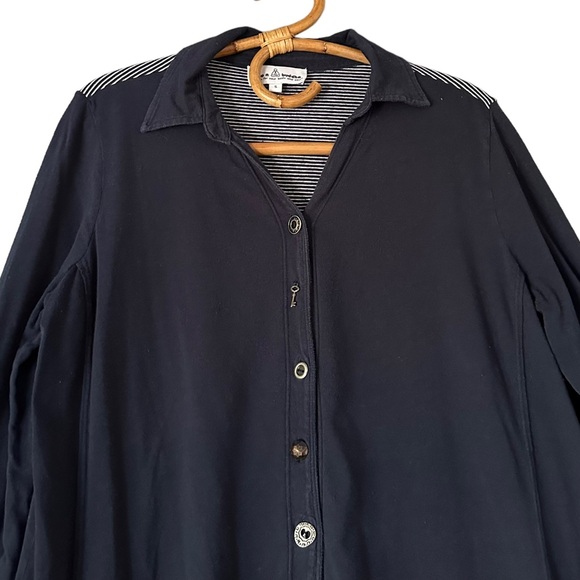 Neon Buddha | Navy Striped Back Button Front Top Stretch Cotton Size S - Picture 2 of 11